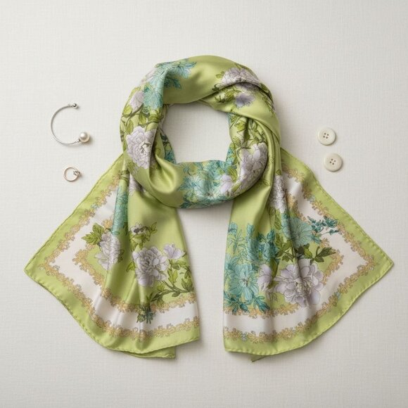 Green Floral Satin Scarf Lightweight Shawl Wrap Elegant Summer Accessory - Picture 3 of 12